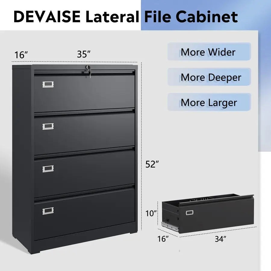 4 Drawer Lateral File Cabinet with Lock, Metal Filing Cabinets for Home Office, 16 D x 35 W x 52 H Wide Storage Organization fo