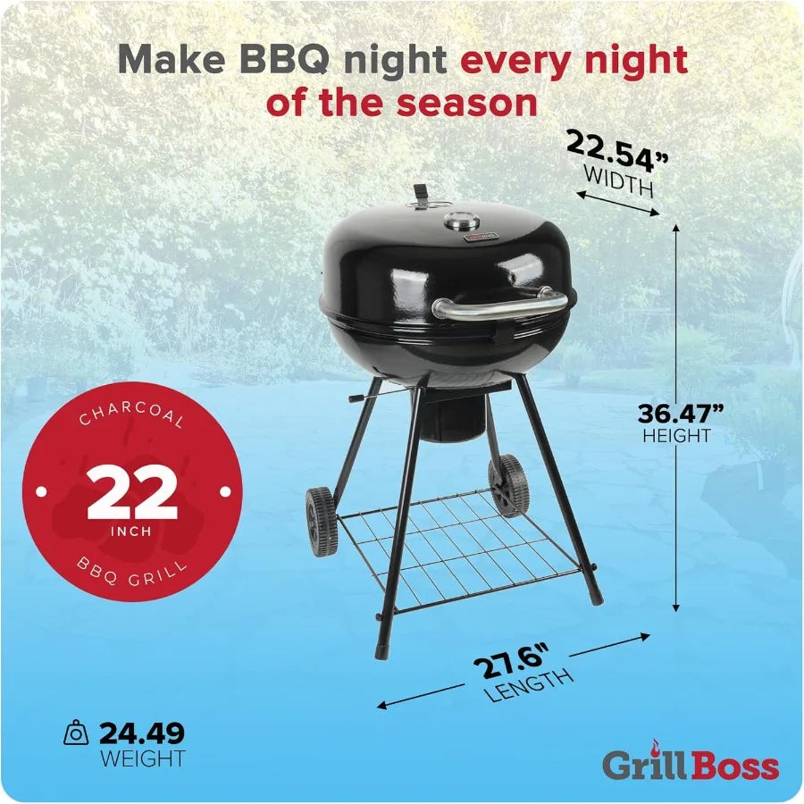 Grill Boss Charcoal Kettle Grill with Large 22-Inch Cooking Area - Ideal for Outdoor BBQ Tailgating Camping and Backyard Grilli