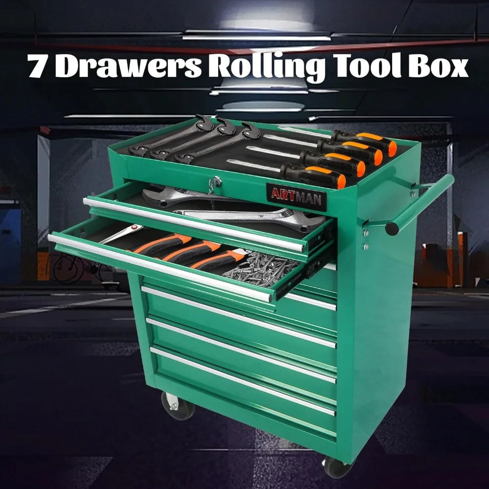 Tool Chest with 7 Drawers, Sturdy Multifunctional Mechanic Tool Storage Cabinet with Lockable Wheels Keys Portable