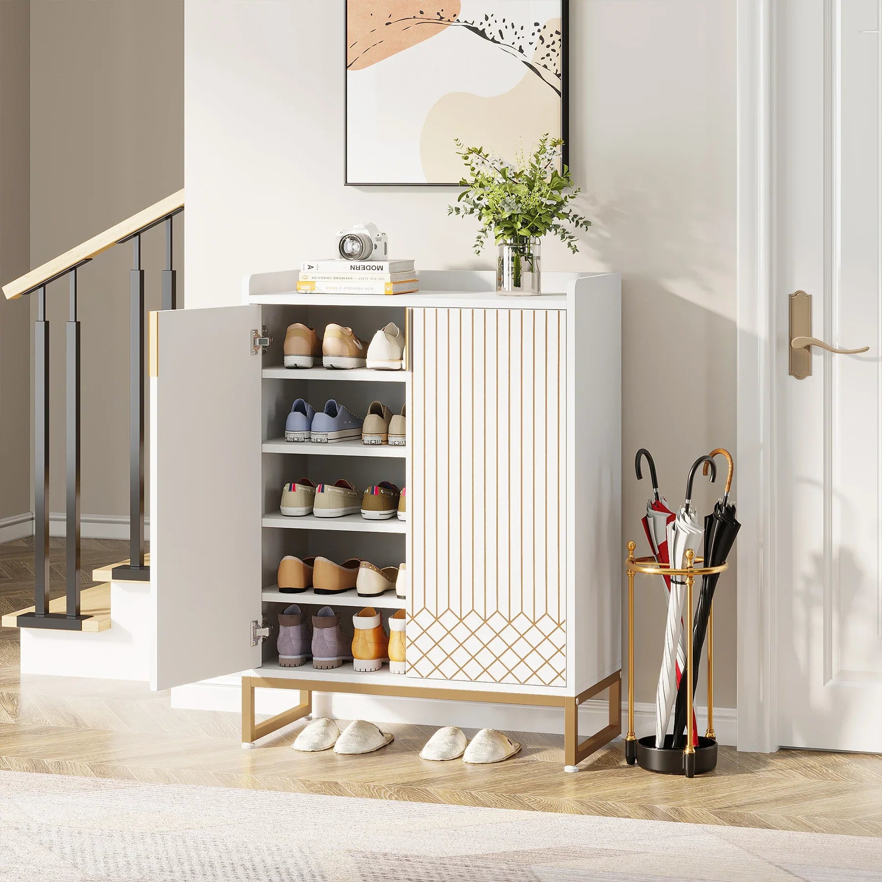 Tribesigns White Shoe Cabinets with Doors, 5-Tier Shoe Rack, Wood Storage Cabinet for Bedroom Hallway Living Room