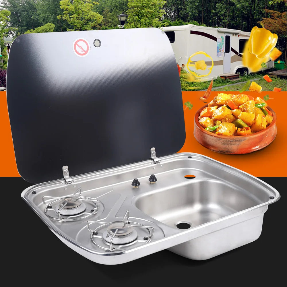 Boat Caravan Camper 2 Burner Gas Stove Hob and Sink Combo With Tempered Glass Lid Stainless Steel Hand Wash Basin RV Kitchen