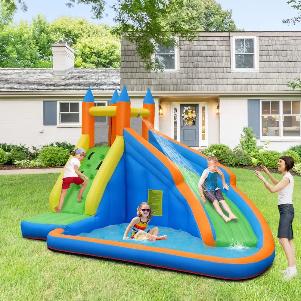 Iatable Water Slide, Giant Water Park Waterslide Iatables with Long Slide, Climbing Wall & Large Splashing Pool, Outdoor Blow up