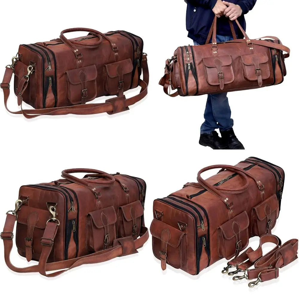 Vintage 24 Inch Genuine Leather Duffle Bag - Handmade Men's Travel Case, Medium Overnight Carry-On Luggage for Weekend Trips