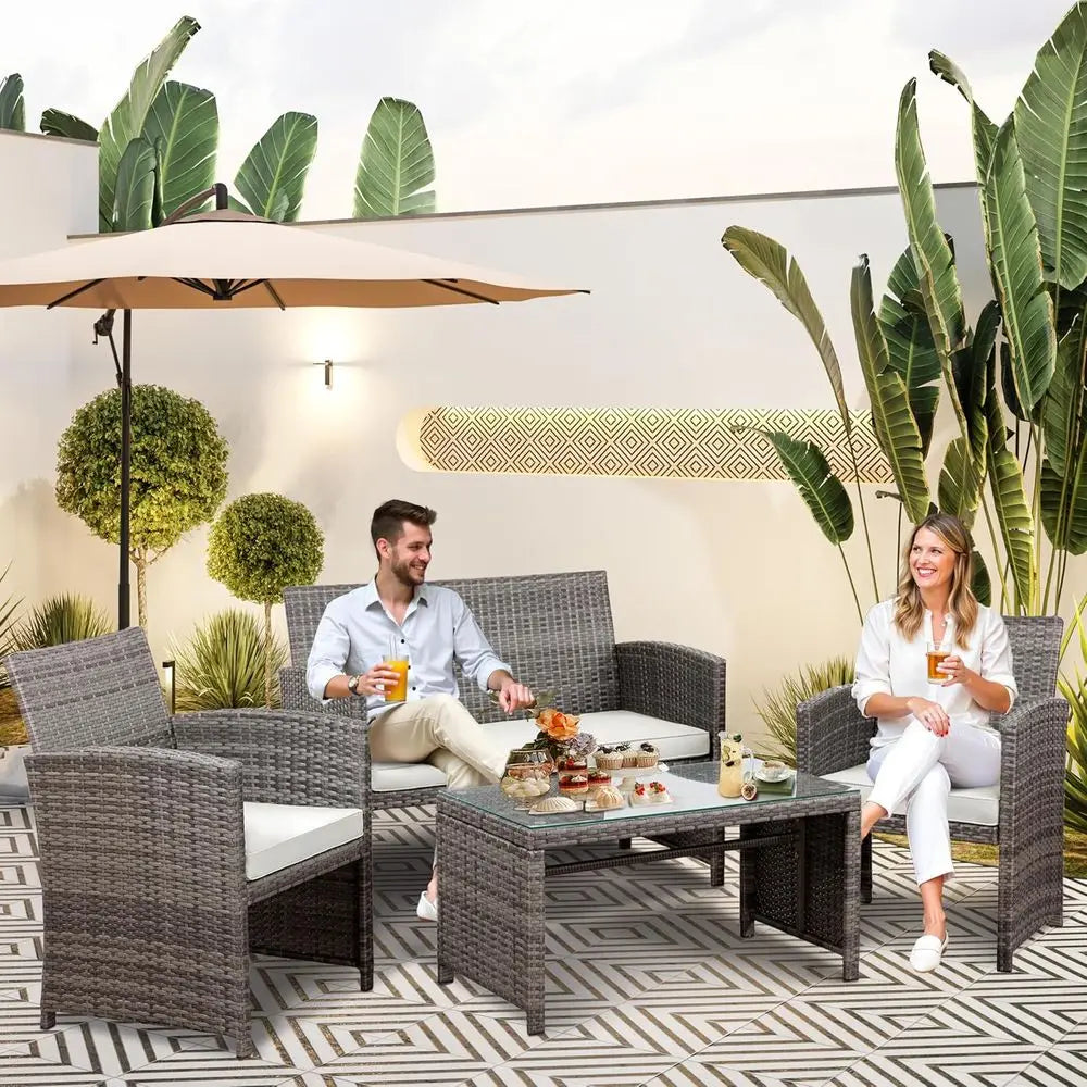 Gray Rattan Outdoor Patio Furniture Set: 4-Piece Wicker Conversation Chairs with Cushions for Garden, Poolside, or Indoor Use