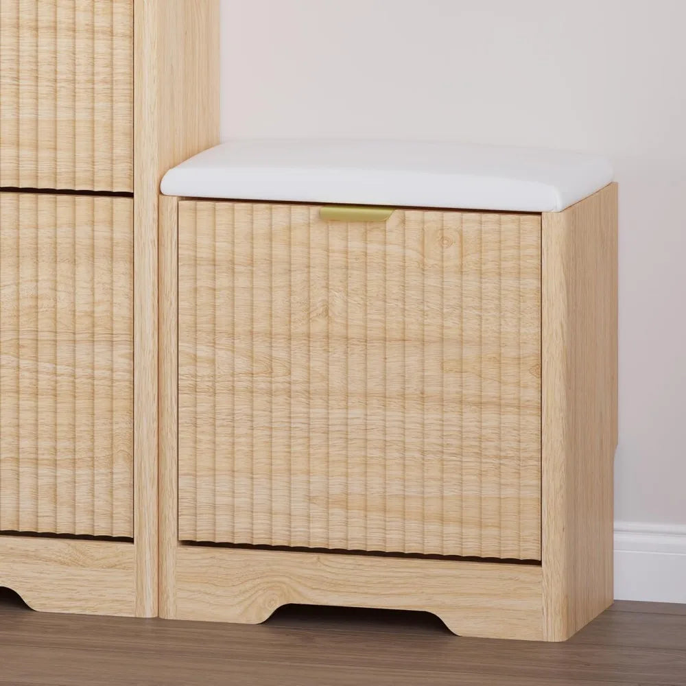 slim shoe cabinet with bench for entryway, hidden storage and adjustable shelves, free standing wooden shoes organizer for foyer