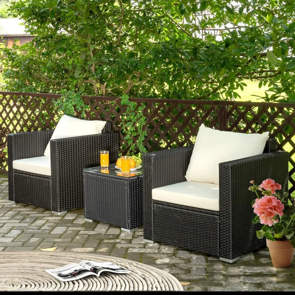 COSTWAY 3-Piece Outdoor Patio Furniture Set, Cushioned Armchairs and Tempered Glass Coffee Table, Wicker Rattan Sofa Set for Gar