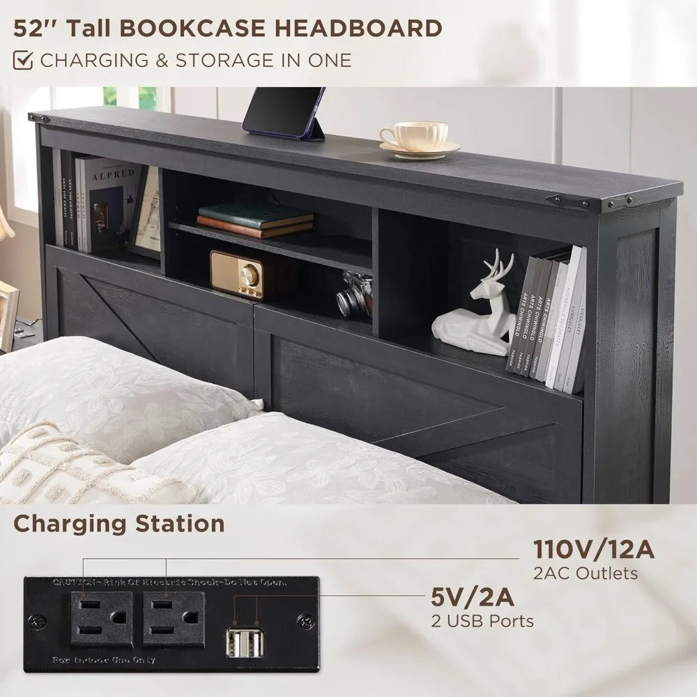 Queen Size Wood Bed Frame Farmhouse with 52" Tall Storage Bookcase Headboard, LED Light,Charging Station,4 Drawers and Solid Woo