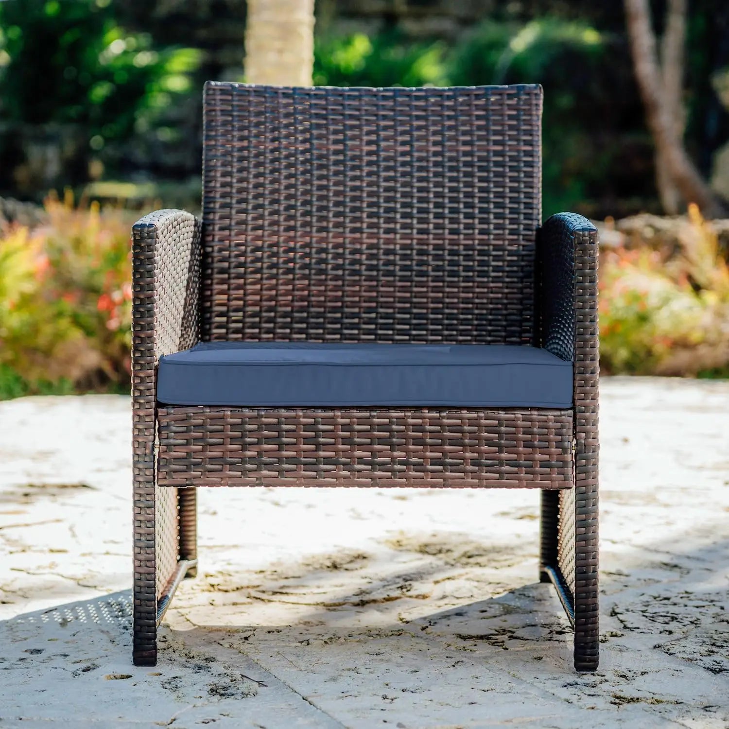 3-Piece Wicker Patio Furniture Set with Table and 2 Chairs, Waterproof Outdoor Seating in Brown/Navy