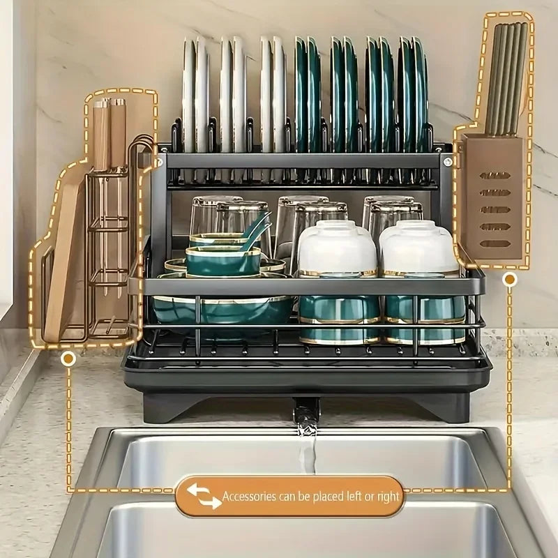 Double-tier extendable dish drainer, suitable for kitchen worktops as a large-capacity utensil rack and draining board.