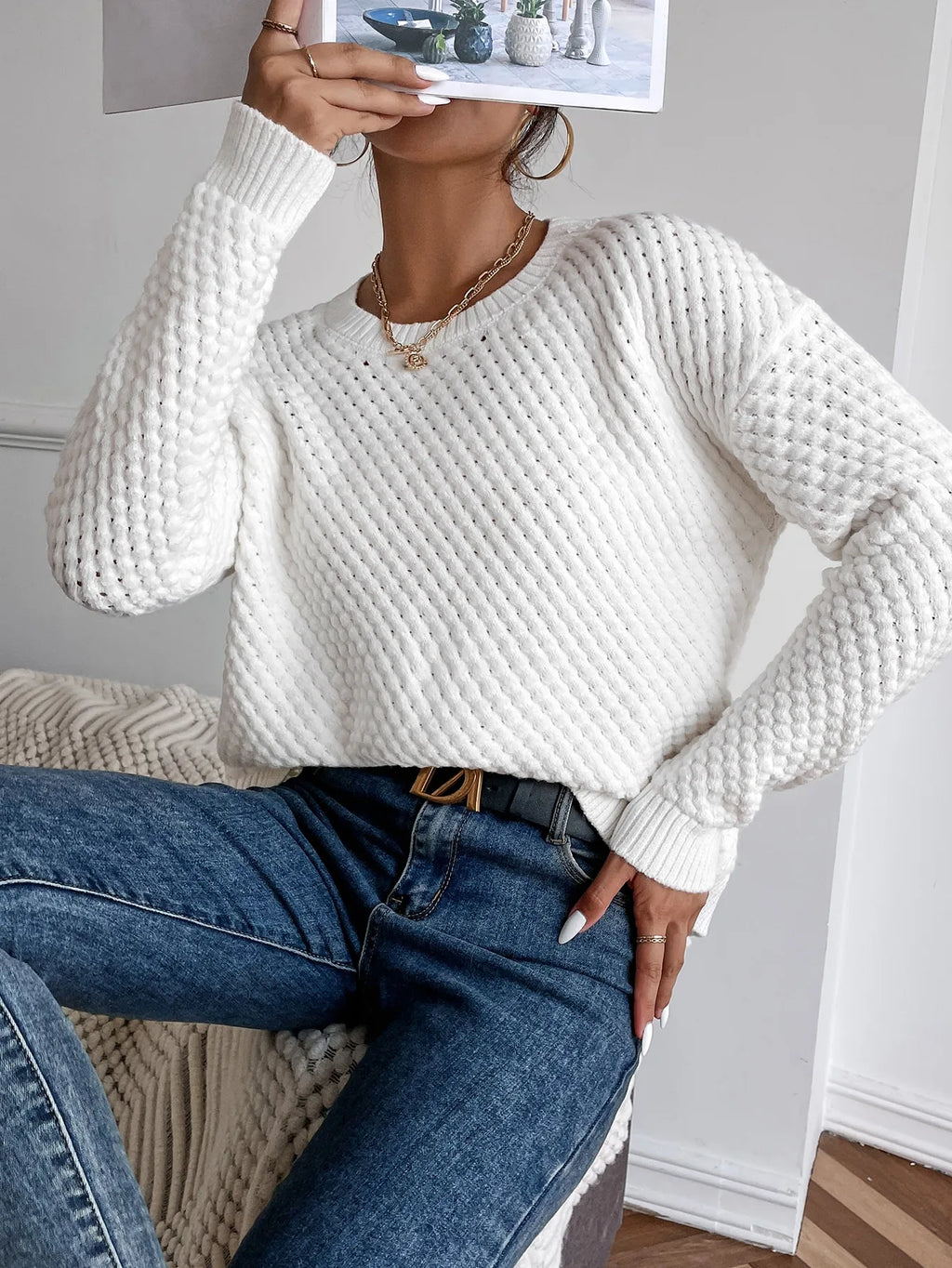White Chunky Knit Drop Shoulder Sweater, Long Sleeve Pullover for Fall Winter Casual Outfit