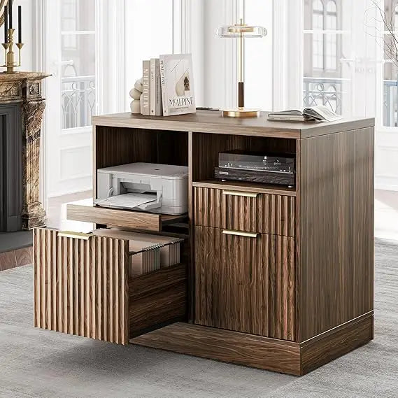 3 Drawer File Cabinet, Fluted Wood Lateral Filing Cabinet with Charging Station for Home Office, Fits for A4/Letter-Sized Files,