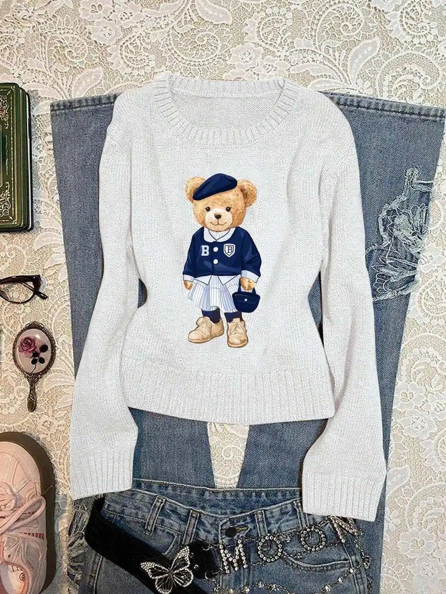 Navy Blue Collegiate Bear Print Pullover Sweater for Women, Autumn Winter Casual Style