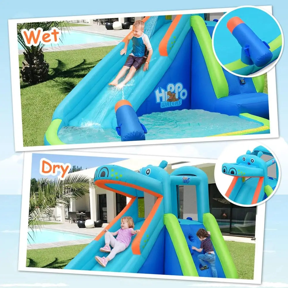 Hippo-Themed Inflatable Water Park with Slide, Climbing, Splash Pool for Kids' Outdoor Fun