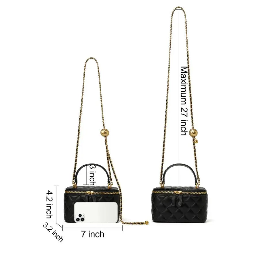 Quilted Box Crossbody Purse For Women Designer Leather Mini Top Handle Pouch Bag With Metal Chain Strap