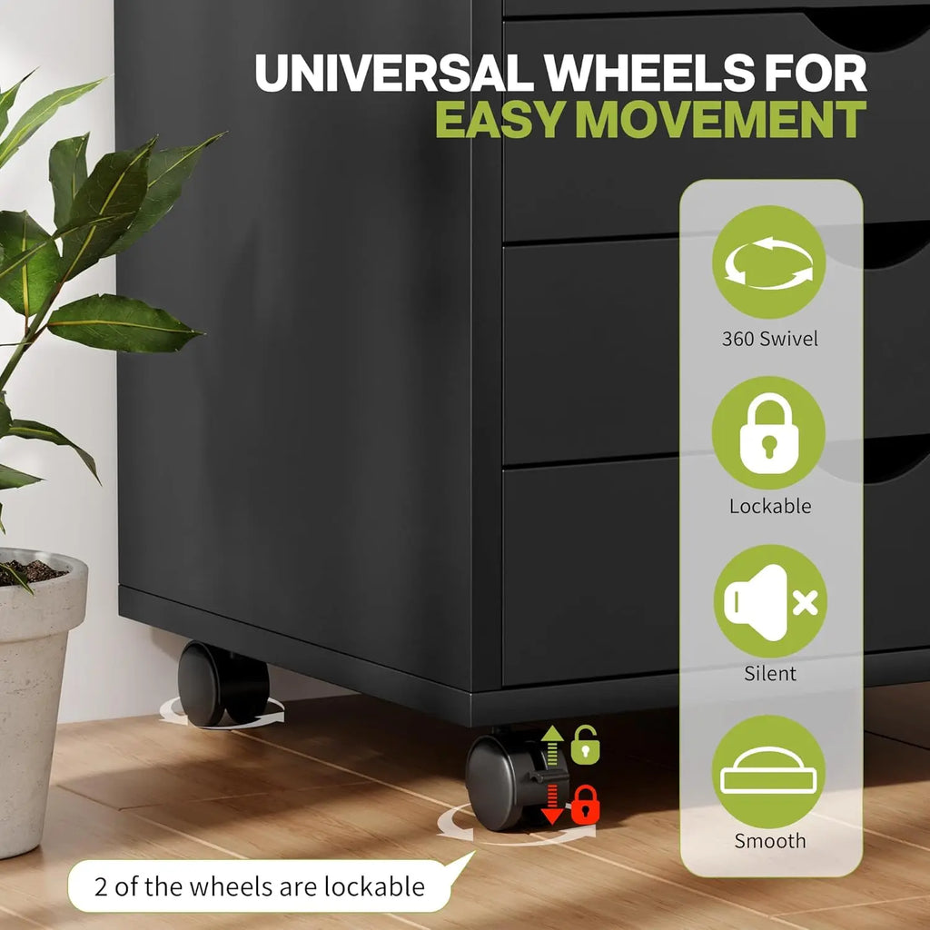 5-Drawer Mobile Storage Cabinet with Wheels, Black Office Dresser for Home Organization