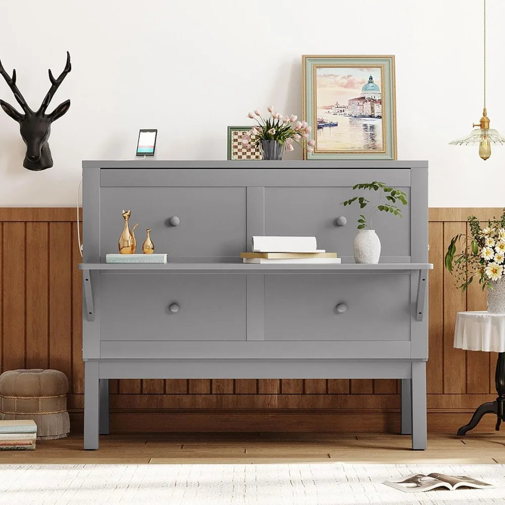 Full Size Murphy Bed with USB Port, Desk and Removable Shelves on Each Side, Full Platform Bed Wood Frame