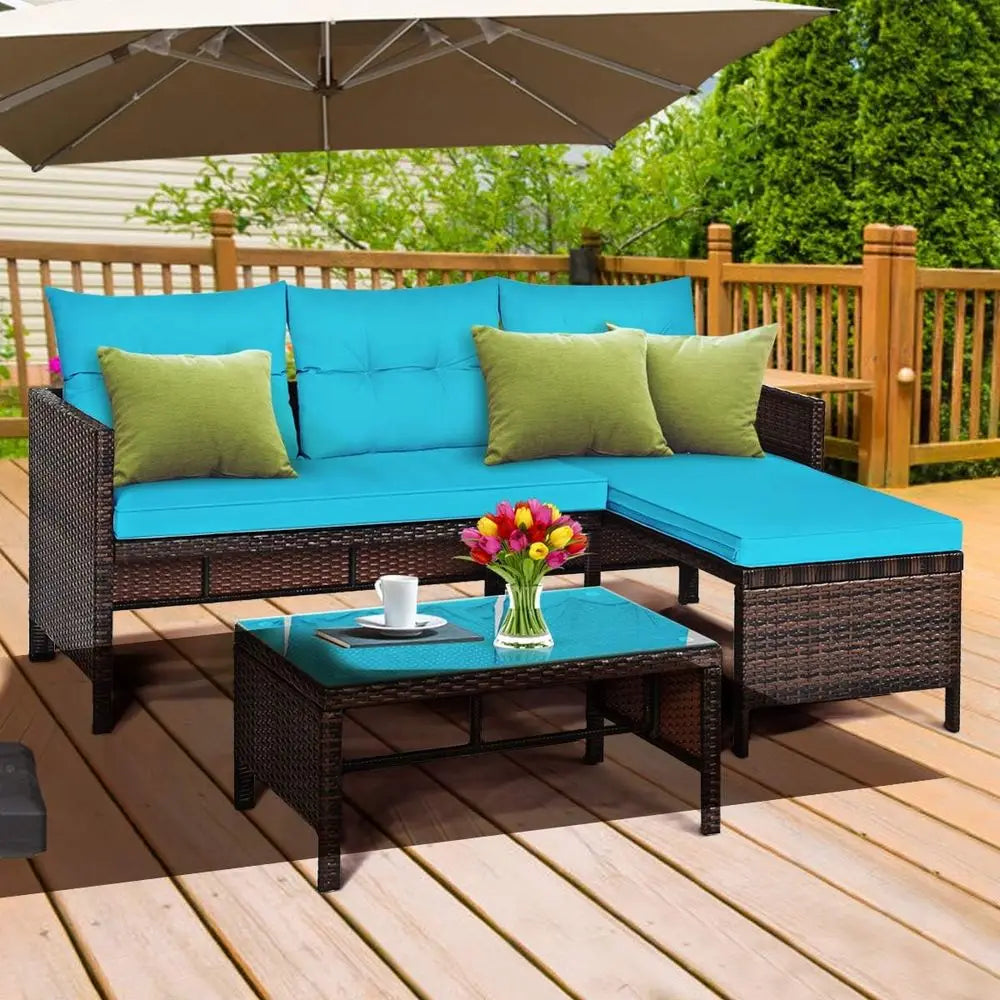 Turquoise 3-Piece Outdoor Wicker Sectional Set with Sofa, Loveseat, Lounger, and Glass Coffee Table for Patio, Deck, or Garden