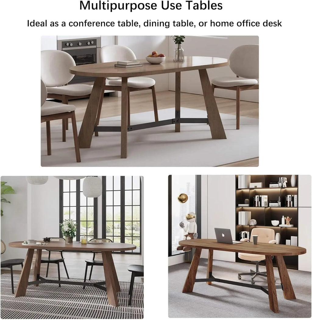 70.86in Rustic Oval Dining Table for 6-8 Person Farmhouse Wood Kitchen Table with Sturdy Tapered Legs for Gathering Meeting Home
