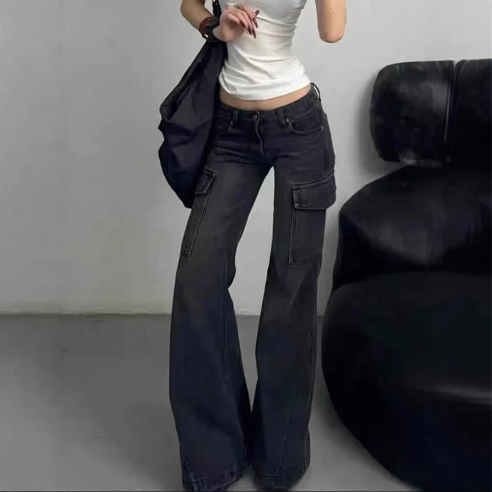 Trendy American Style Low Waist Micro Flared Work Denim Jeans Women's Autumn/Winter New Pocket Slimming Casual Pants