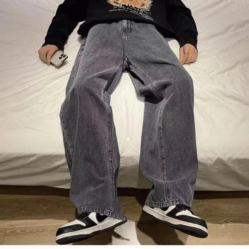 2023 New Streetwear Loose Jeans Men Korean Style Fashion Loose Straight Wide Leg Pants Men's Brand Clothing Black Light Blue