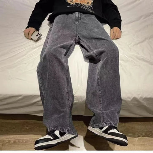 2023 New Streetwear Loose Jeans Men Korean Style Fashion Loose Straight Wide Leg Pants Men's Brand Clothing Black Light Blue