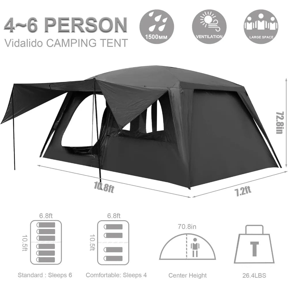 4-6 Person Camping Tent with 3 Door 2 Room Large Family Cabin Tents, Double Layer Waterproof Portable Glamping Tent