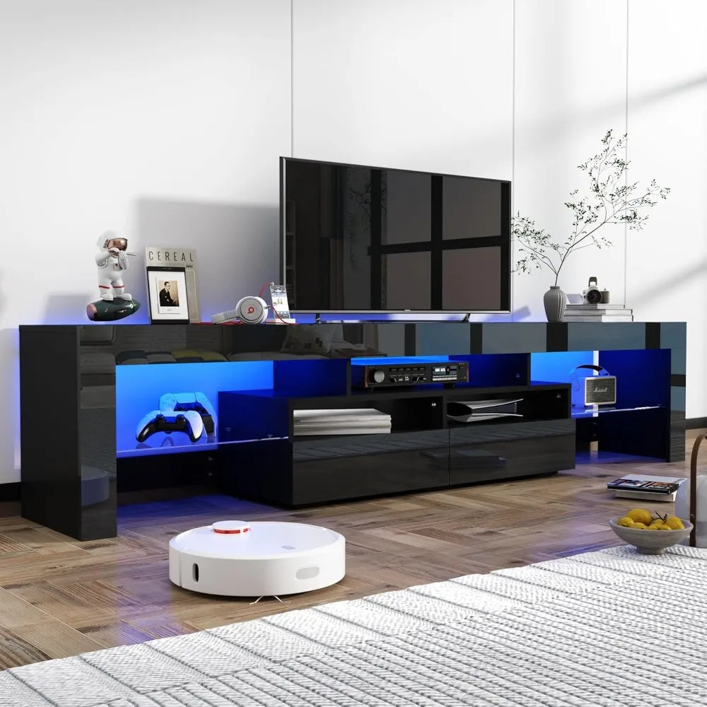 LED TV Stand for 90/100 inch TV, High Glossy Modern Entertainment Center with Drawer and Led Lights, Television Table
