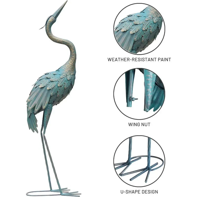 33-37 Inch Crane Statues Set of 2, Spread Wings Metal Bird Sculpture for Outdoor Lawn & Patio