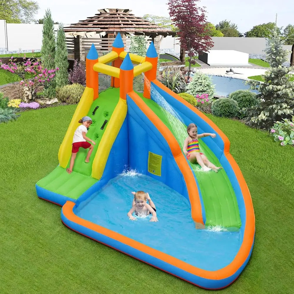 Iatable Water Slide, Kids Bounce House with Slide Climbing Wall Splash Pool, Outdoor Jumping Castle Iatable Obstacle Cou