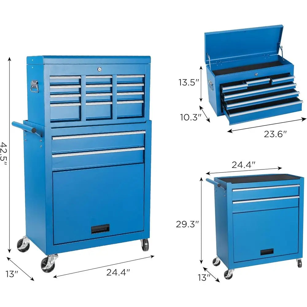 Heavy-Duty Blue 8-Drawer Rolling Tool Chest with Detachable Top Box, Lockable Drawers, Wheels, and Side Hooks for Garage Worksho