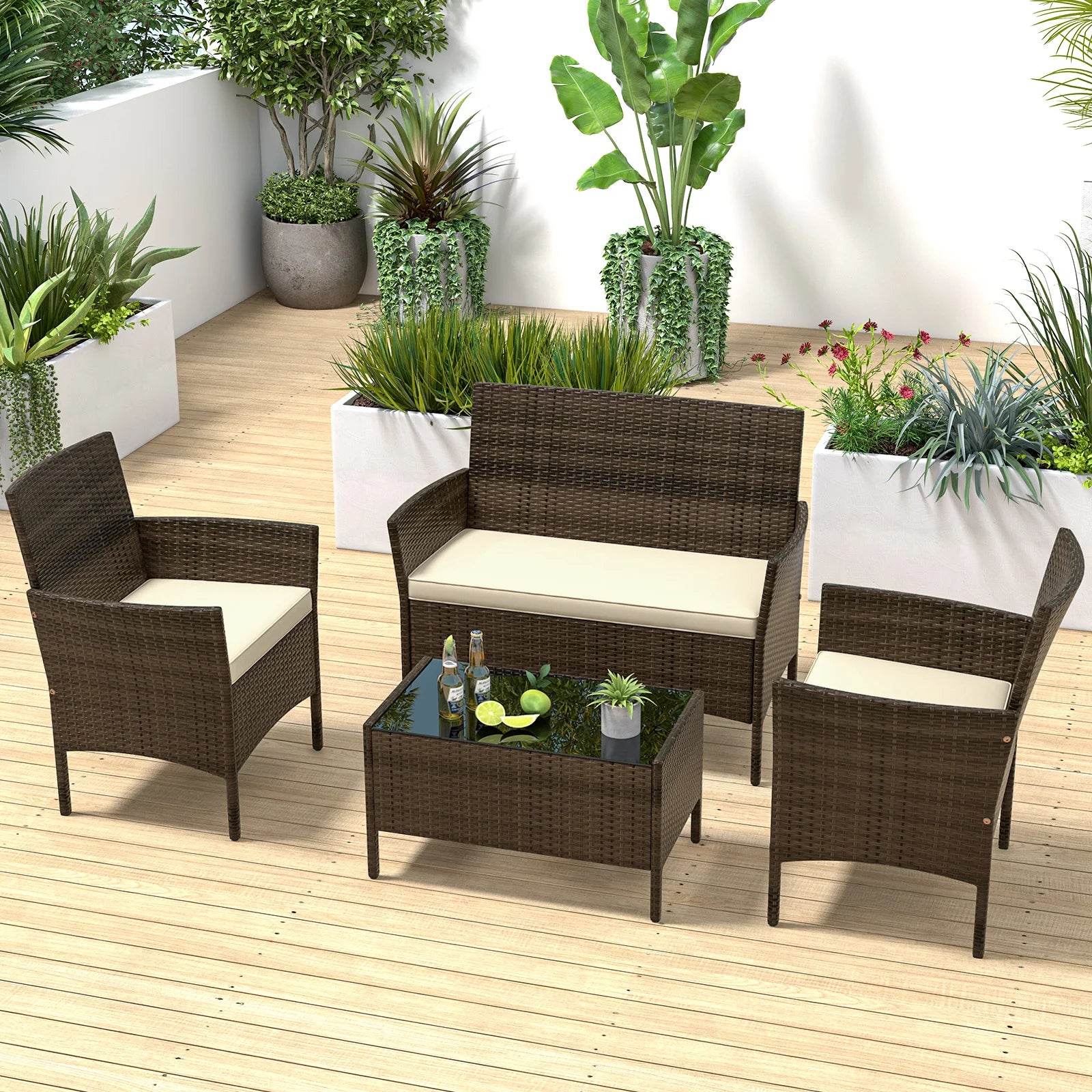 4 PCS Patio Furniture Set with Washable Cushions and Tempered Glass Coffee Table Beige