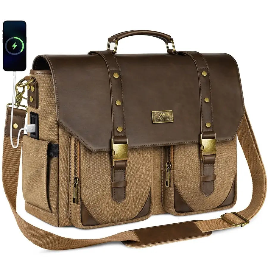 Vintage Messenger Bag with USB Charging Port amp RFID Blocking Pocket, 15.6 inch Laptop Bag Canvas PU Leather Men Briefcase, Wat