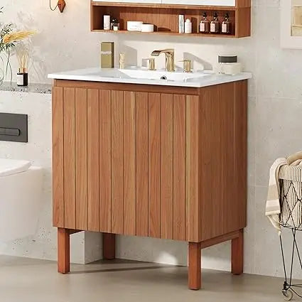 Bathroom Vanity with Sink and Wooden Organizer featuring Adjustable Shelves and Soft-Close Doors