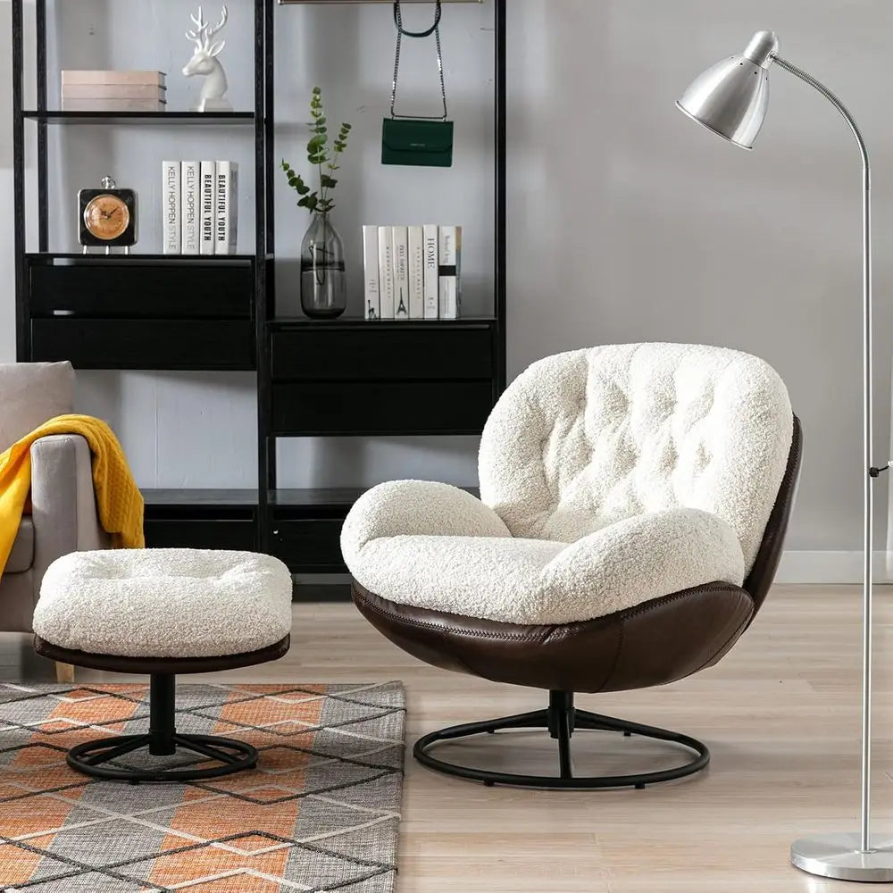 Luxury Swivel Faux Fur Accent Chair with Ottoman, Plush Tufted Lounge Chair on Metal Base for Home Reading, White