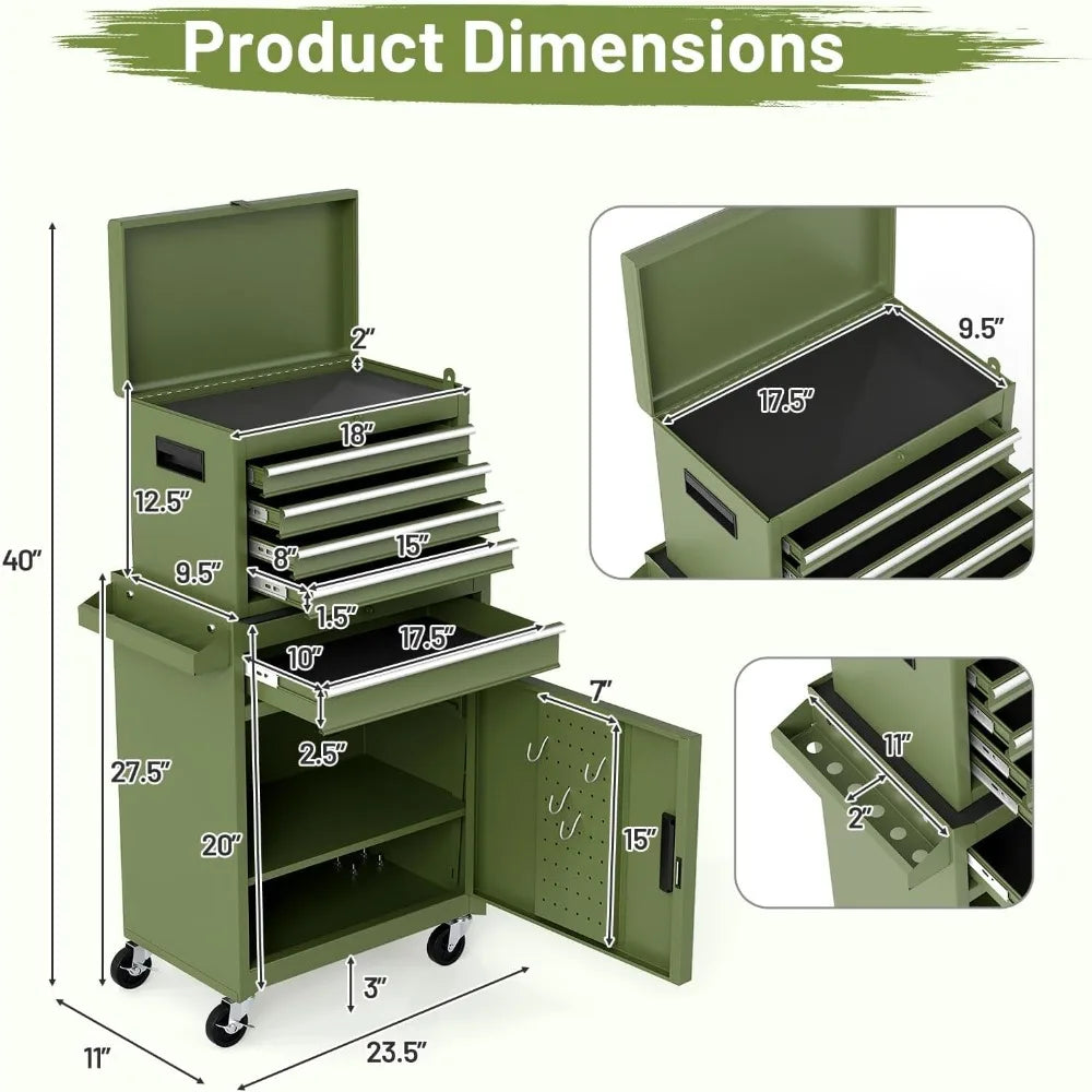 Tool Chest, 5 Drawers Rolling Tool Cabinet with Detachable Top Toolbox, Universal Lockable Wheels, Lock Bar, Protective Liner &