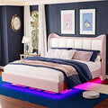 Velvet-Covered King Size Platform Bed Frame with LED Lighting, Headboard Included, Solid Wood Slat Support, No Box Spring Needed