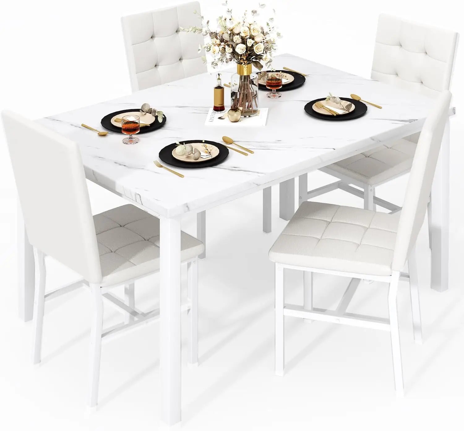 Dining Table Set for 4, Faux Marble Kitchen Table with 4 Leather Chairs, Modern White Dinette Set for Small Spaces