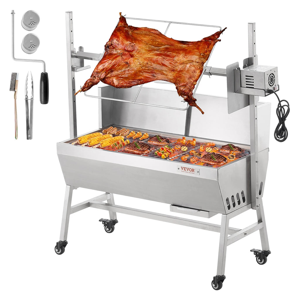 SucceBuy 35inch Rotisserie Grill Electric Motor Charcoal Spit Grill Stainless Steel Roaster w/Lockable Wheels for Camping