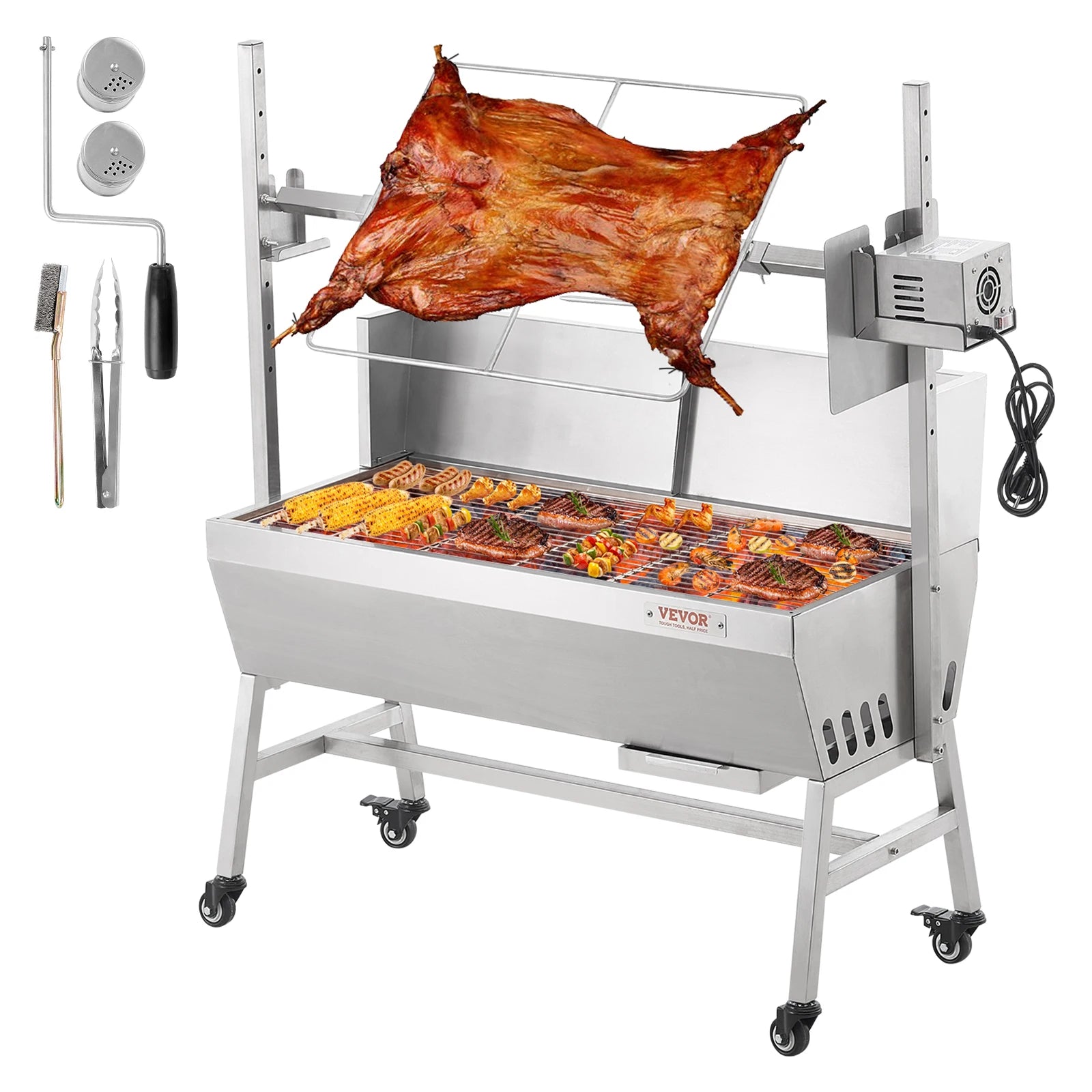 SucceBuy 35inch Rotisserie Grill Electric Motor Charcoal Spit Grill Stainless Steel Roaster w/Lockable Wheels for Camping