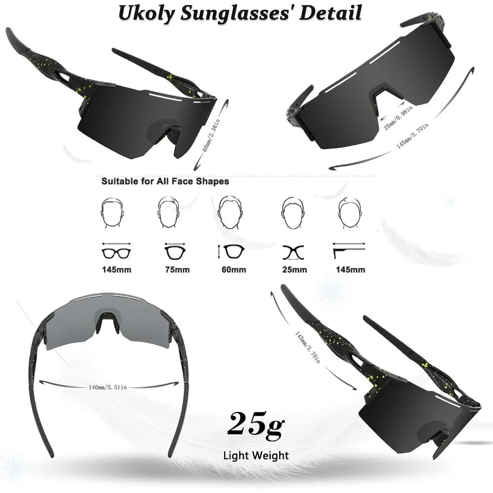 Ukoly Cycling Sunglasses for Men Women with 3 Interchangeable Lenses, Polarized Sports Sunglasses, Baseball Sunglasses