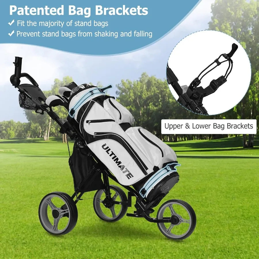 Golf Push Pull Cart with Seat Lightweight Foldable Collapsible 3 Wheels Push Cart Golf Trolley with Foot Brake Adjustable Umbre