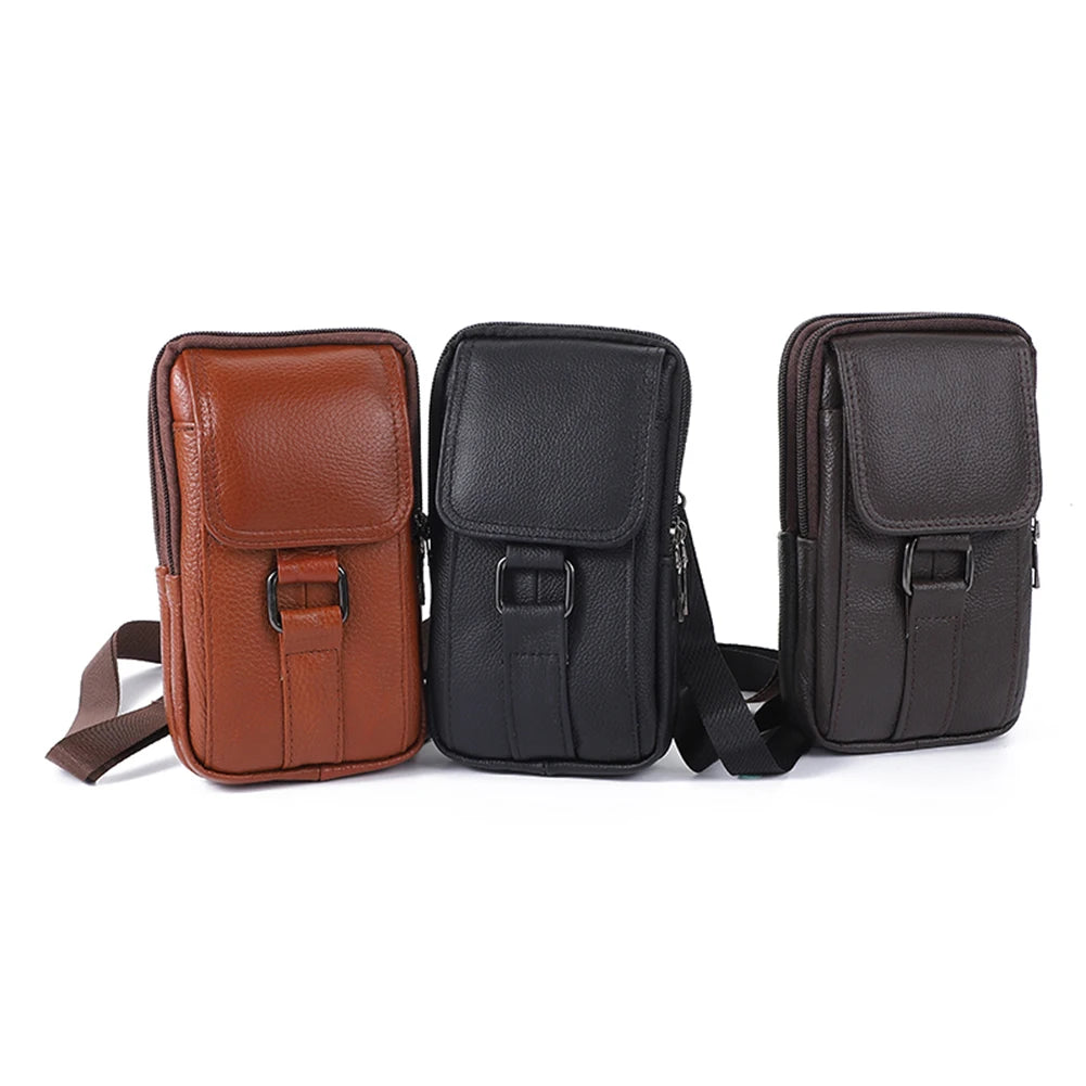 Portable Men Messenger Bags Cowhide Leather Belt Waist Pack Fashion Simple Multi-pockets Casual for Outdoor Sport