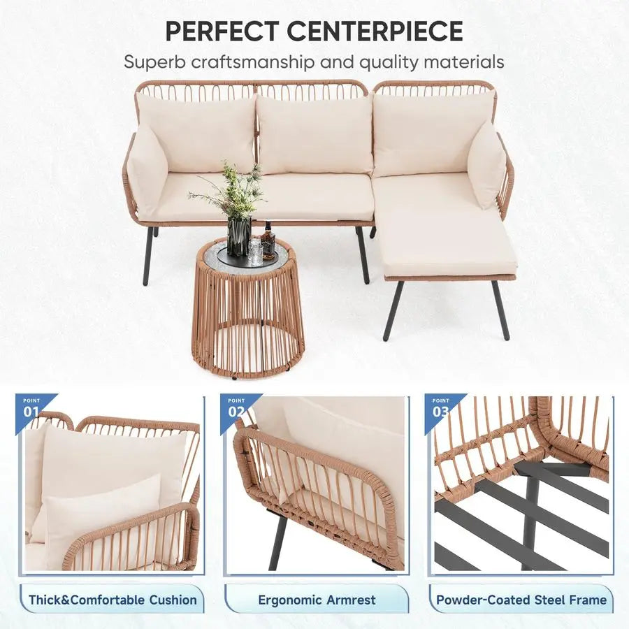 Outdoor Patio Furniture Set, 3 Piece Wicker Rattan Outdoor Balcony Furniture Set, LShaped Patio Conversation Sofa Set with Cush