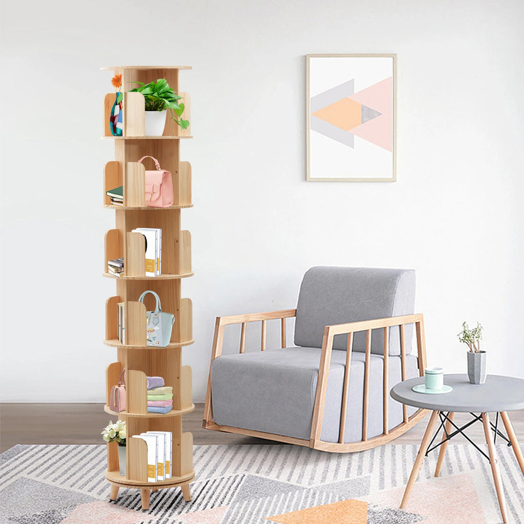 Rotating Bookshelf 6 Tiers Pine Wood 110lbs Load per Layer 0.47in Thick Panels Curved Baffle Reinforced Chassis for Kids Room