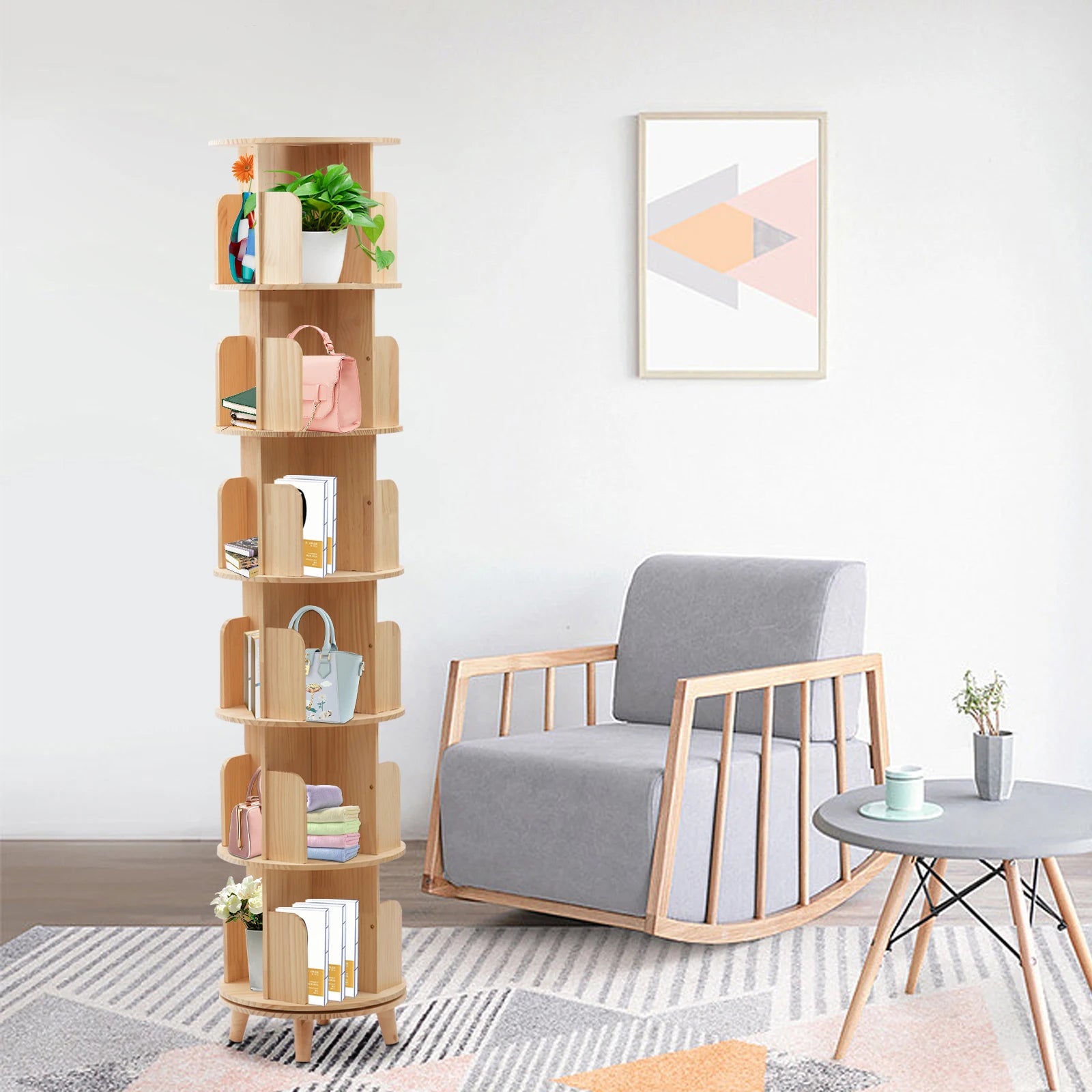 Rotating Bookshelf 6 Tiers Pine Wood 110lbs Load per Layer 0.47in Thick Panels Curved Baffle Reinforced Chassis for Kids Room