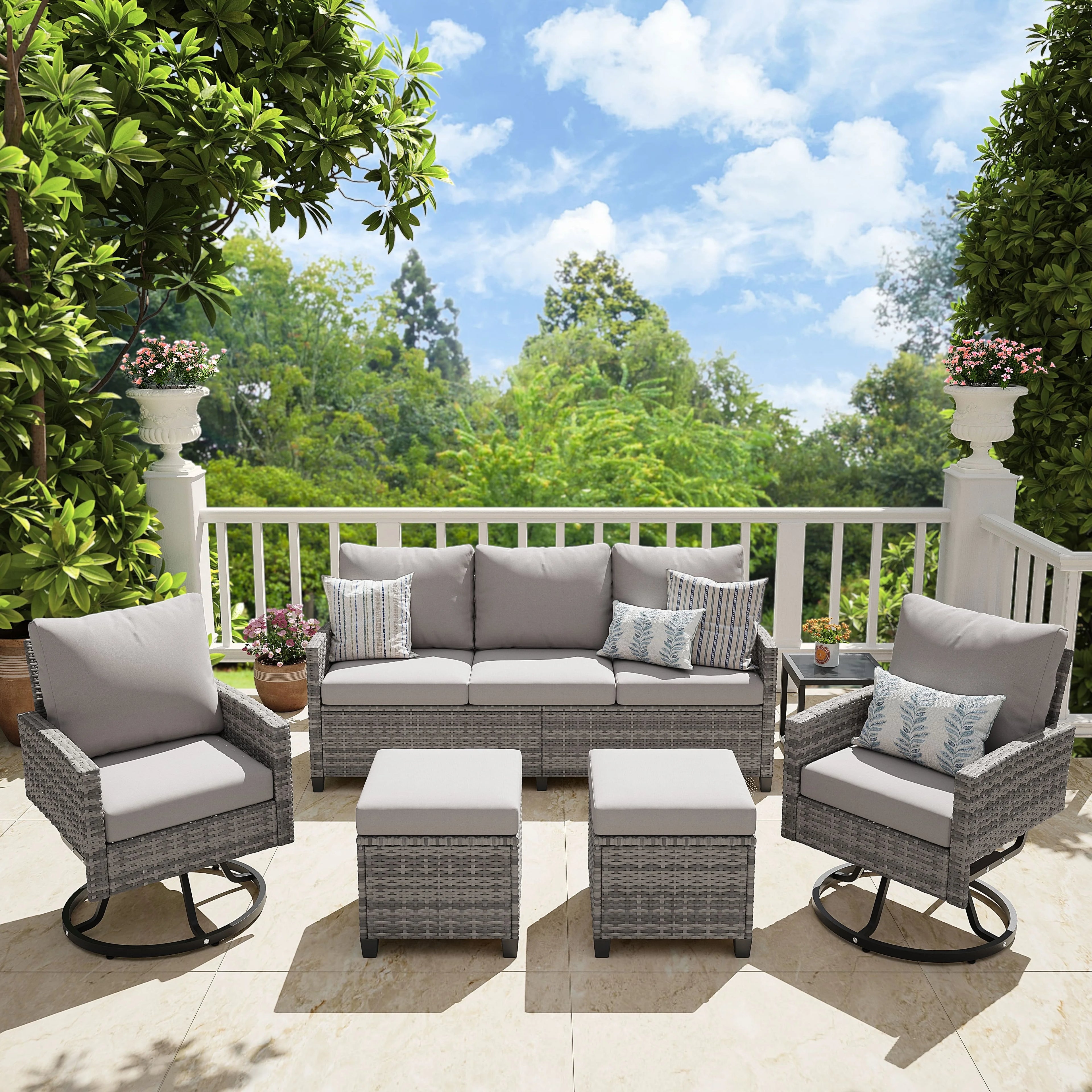 6 Pcs Wicker Patio Furniture Set, Outdoor Swivel Chairs, 3-Seat Sofa, Ottoman & Tempered Glass Side Table, All-Weather Conversat