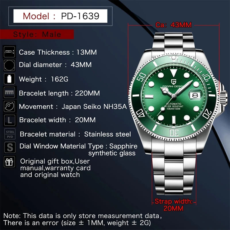 PAGANI DESIGN 43mm Men's Watch Sapphire Glass Mechanical Watches Stainless Steel Waterproof Automatic Watch for Men PD-1639
