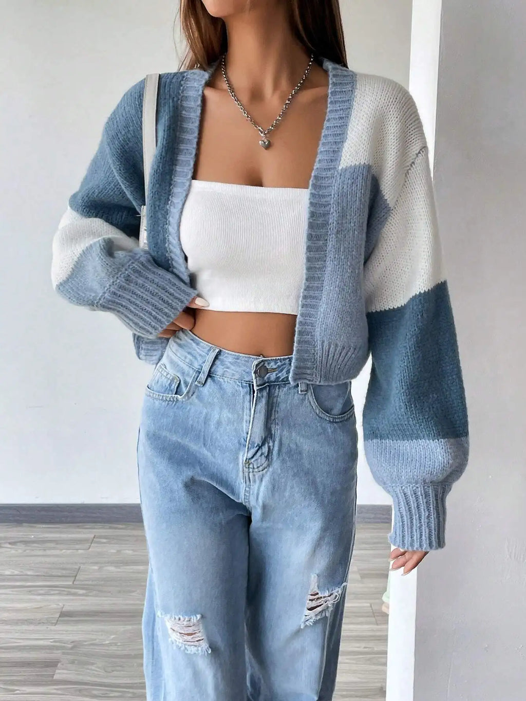 Color Block Drop Shoulder Knit Cardigan for Women, Long Sleeve Fall Winter Casual Top