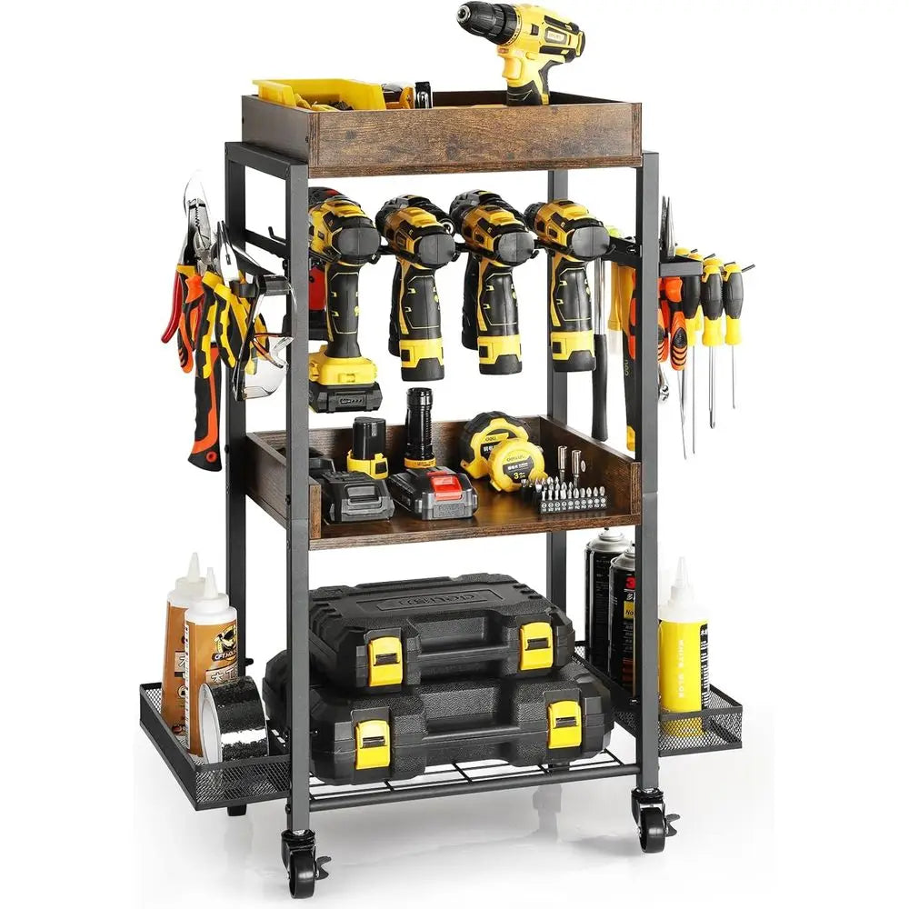 Olakee Power Tool Organizer Garage Storage Organization Shelving Tool Holder Drill Rack Shelf Rolling Cart Open Tool Chest Cabin