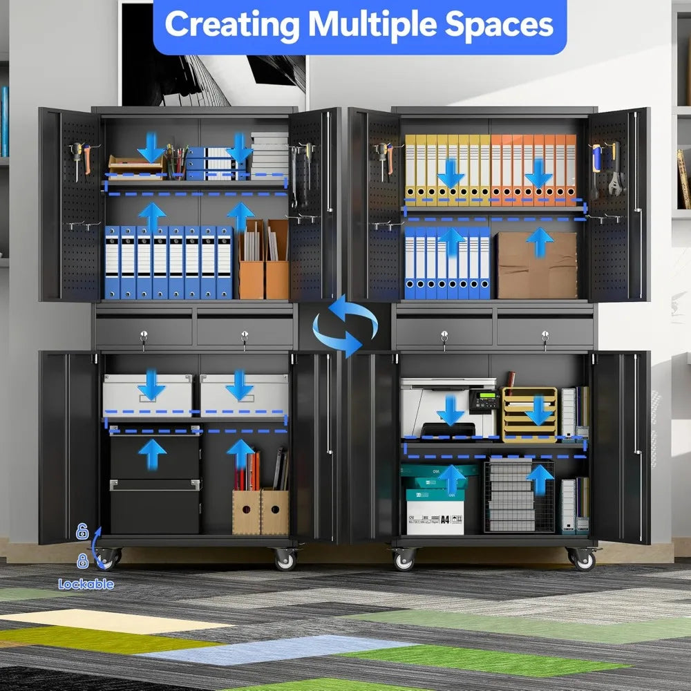 71" Metal Garage Storage Cabinet with 8 Hooks and Pegboards,2 Drawer Rolling Tool Storage with Locking Doors and, Customized